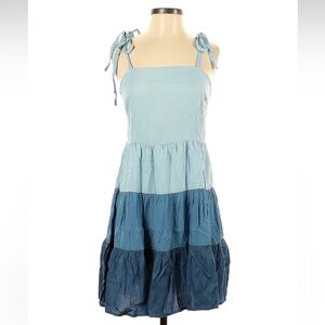 Blue Tiered Midi Sundress with Square Neck